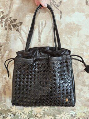 Bally Small Black Woven Leather Drawstring Shoulder Bag Made in Italy
